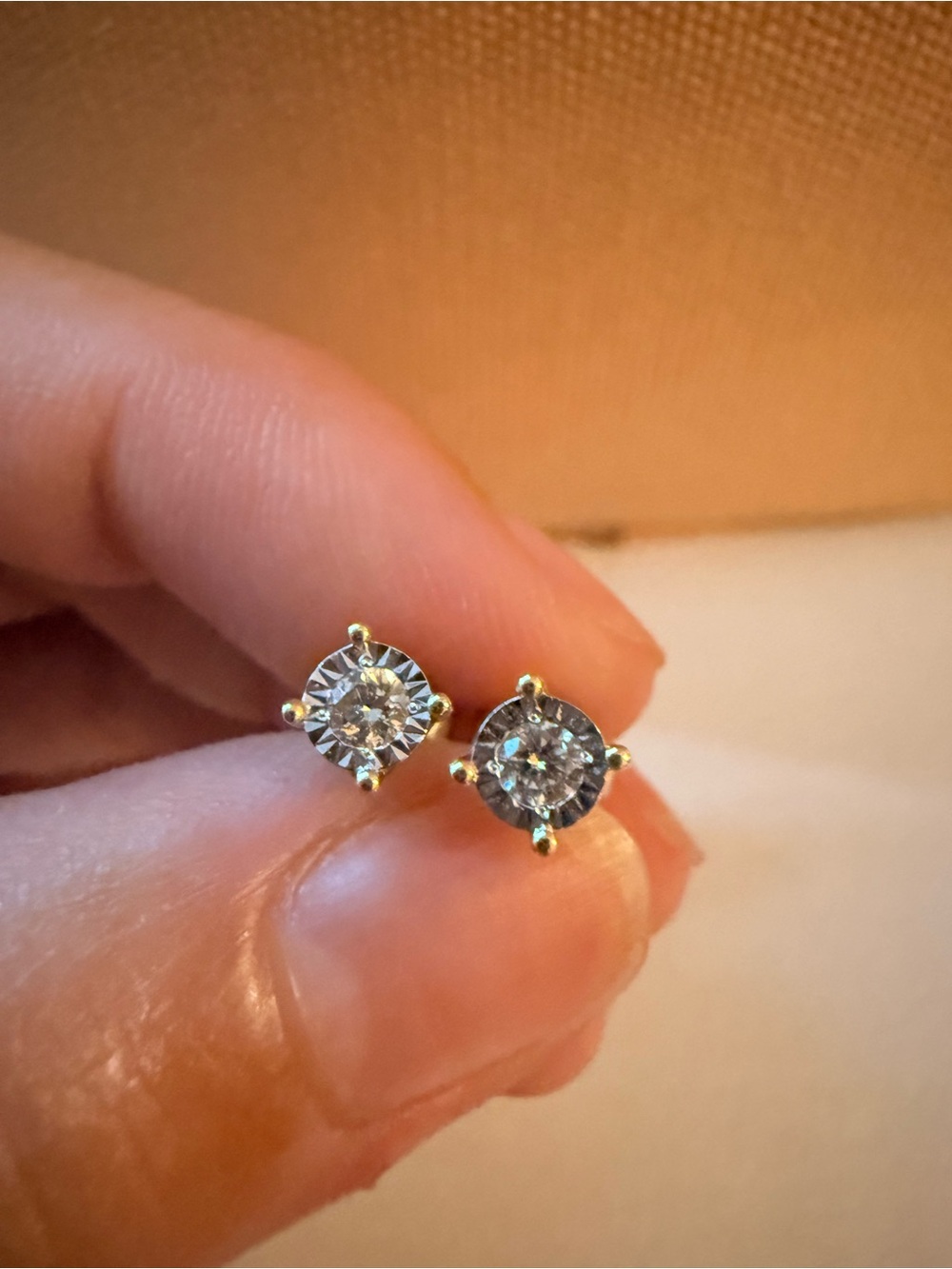 14kt two tone (yellow and white) gold, natural diamond stud earrings pushbacks
